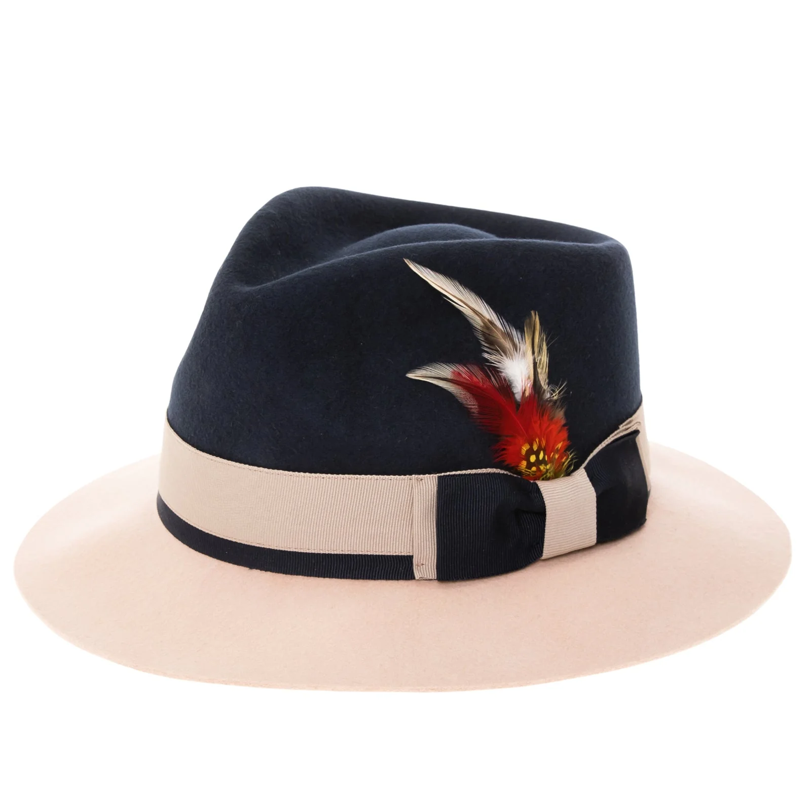 Men's Two Tone Trilby Fedora Dress Hat with Contrast Band in Navy & White - Image 2