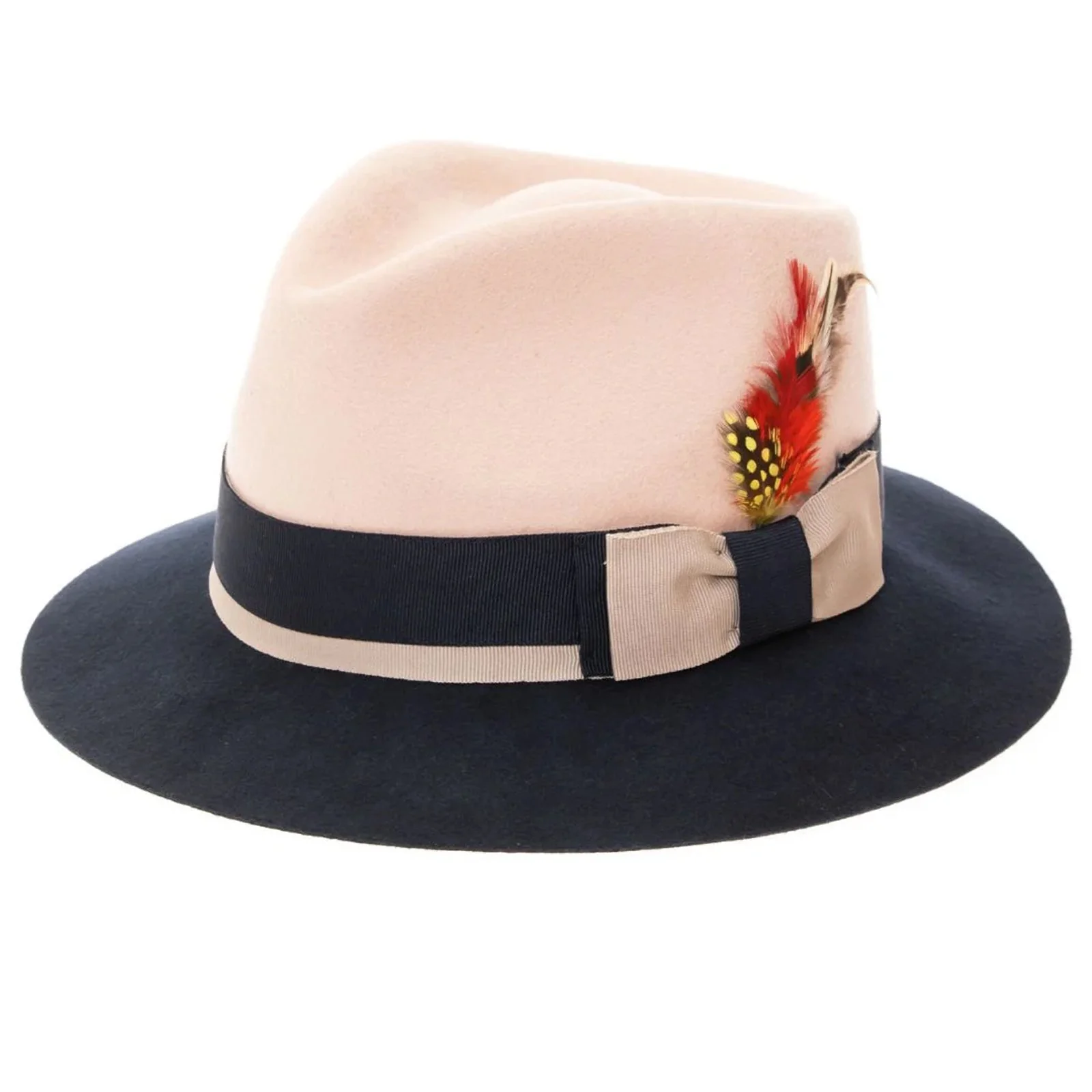 Men's Two Tone Trilby Fedora Dress Hat with Contrast Band in White & Navy - Image 2