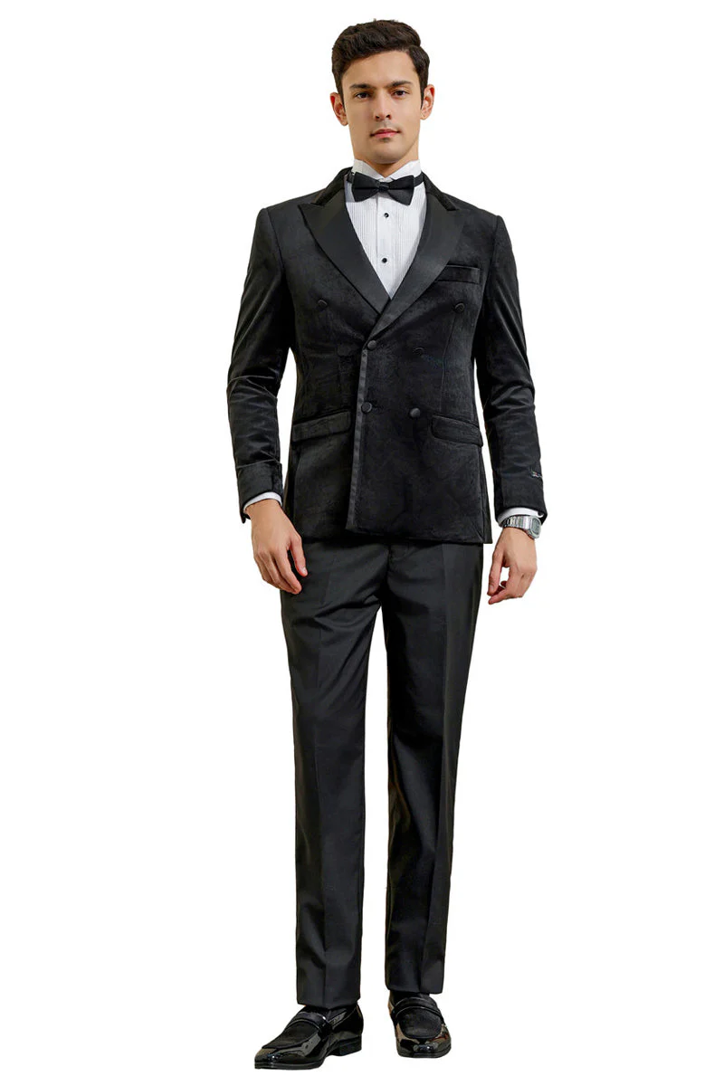Men's Velvet Double Breasted Wedding & Prom Tuxedo Jacket in Black - Image 2
