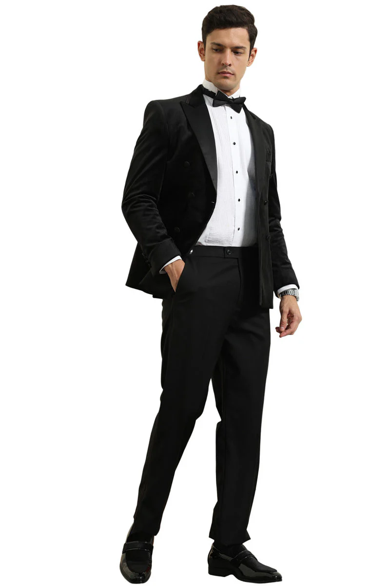 Men's Velvet Double Breasted Wedding & Prom Tuxedo Jacket in Black - Image 3