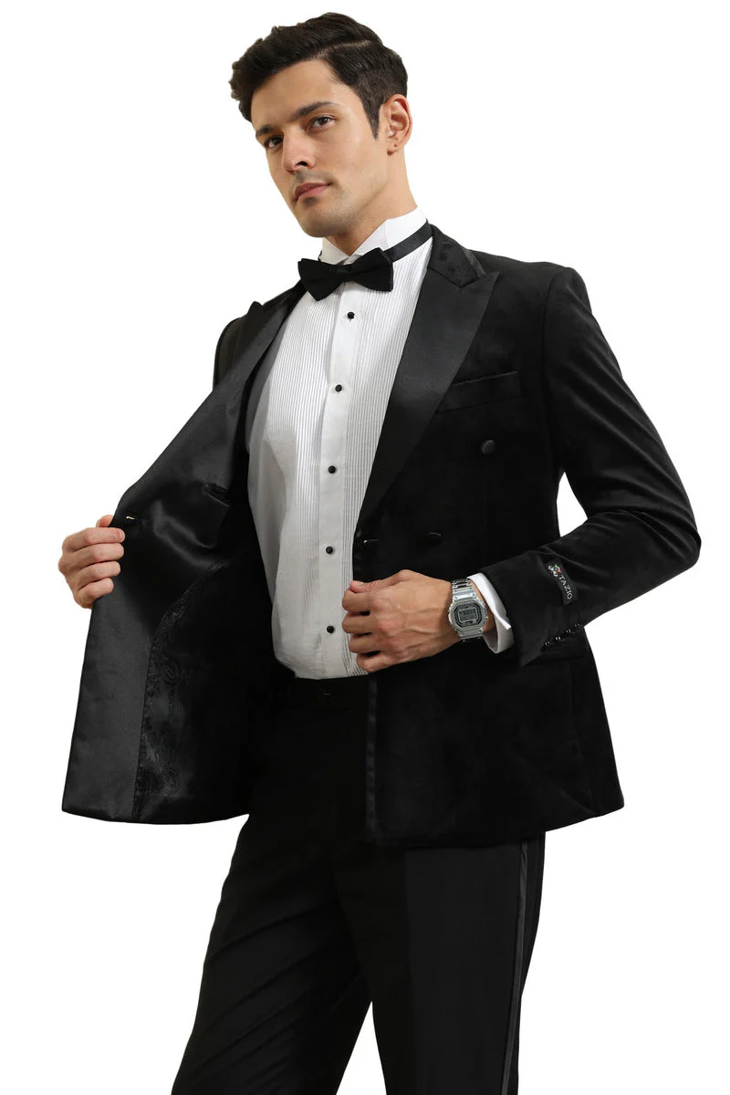 Men's Velvet Double Breasted Wedding & Prom Tuxedo Jacket in Black - Image 4