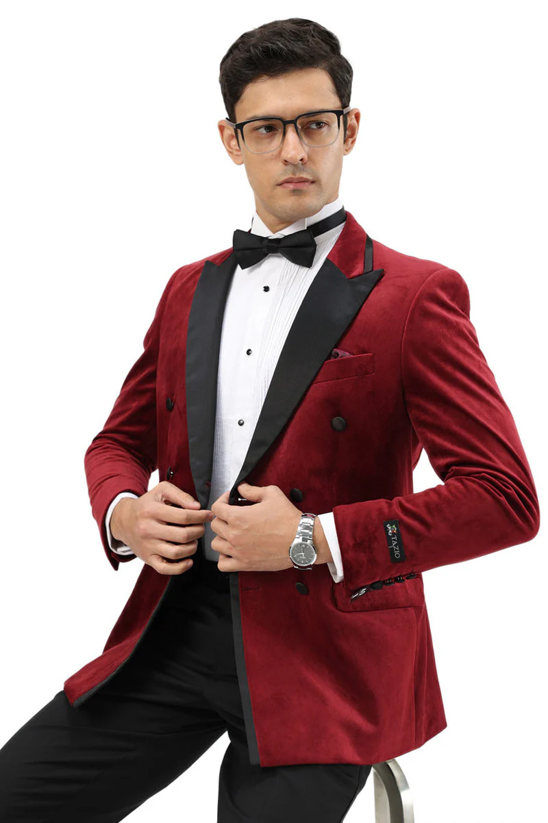 Men's Velvet Double Breasted Wedding & Prom Tuxedo Jacket in Burgundy - Image 2