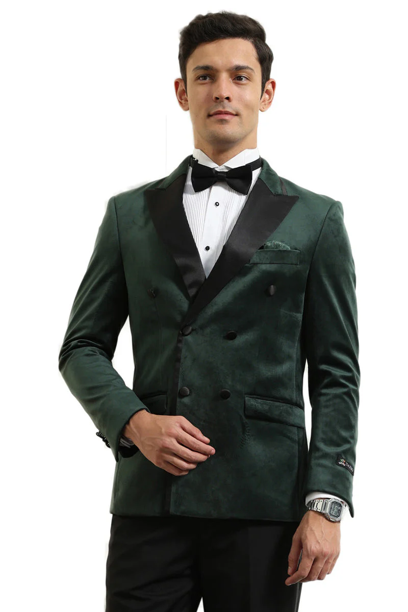 Men's Velvet Double Breasted Wedding & Prom Tuxedo Jacket in Hunter Green - Image 3