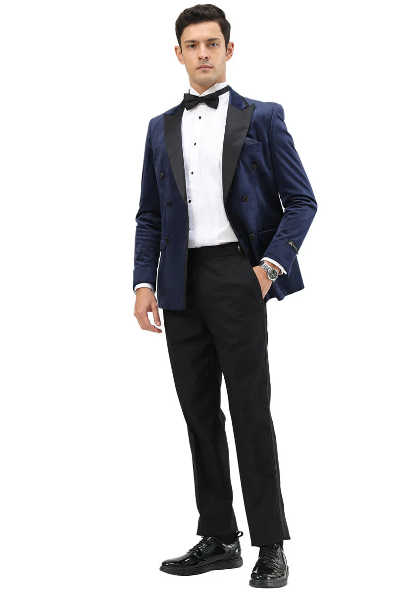 Men's Velvet Double Breasted Wedding & Prom Tuxedo Jacket in Navy Blue - Image 2