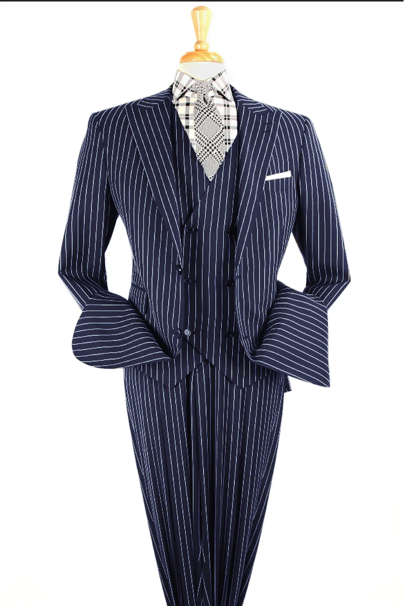 Mens Vested 1920's Wide Bold Gangster Pinstripe Suit in Navy Blue