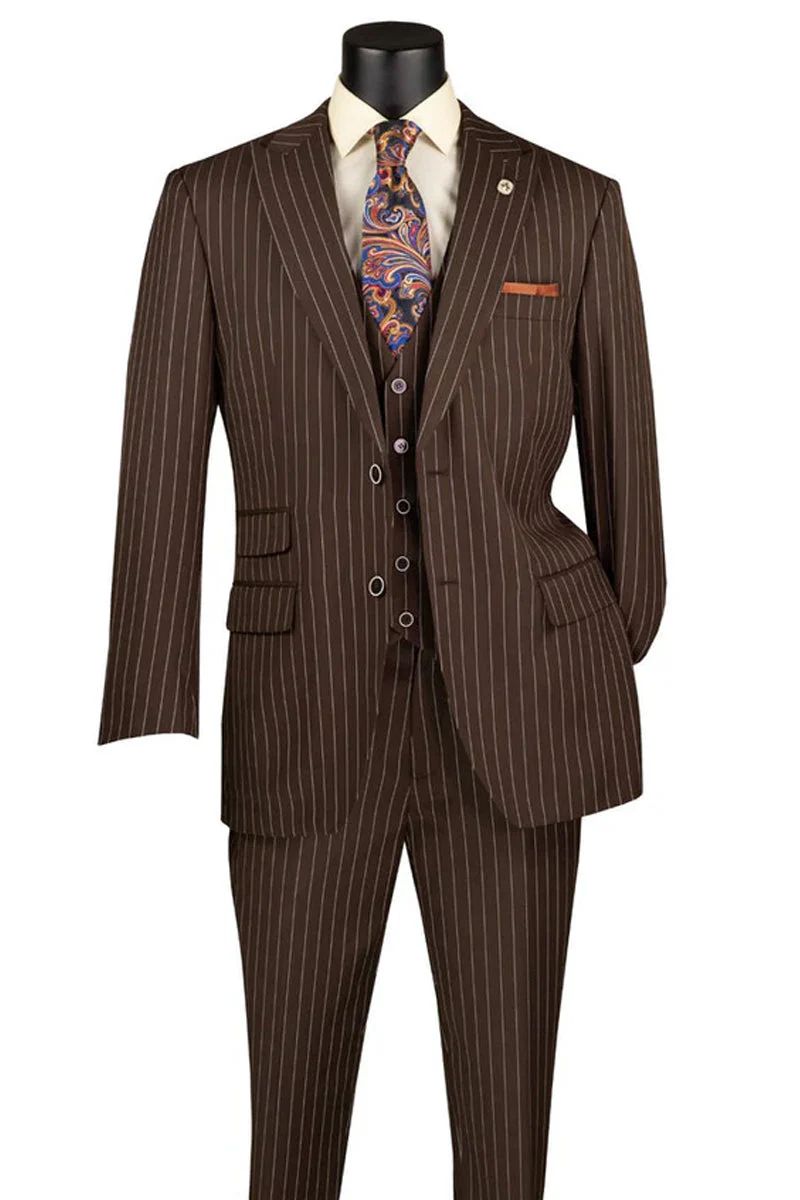 Men's Vested Bold Gangster Pinstripe Suit in Brown - Image 2