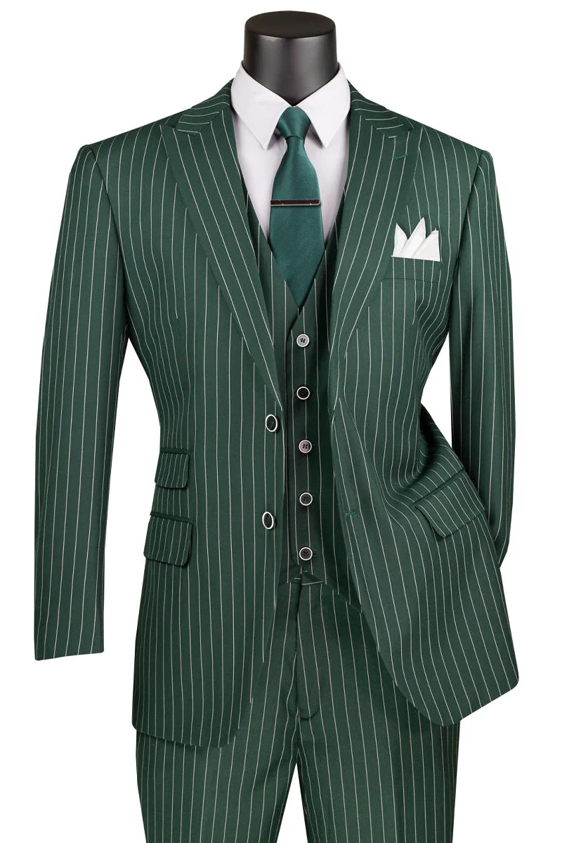 Men's Vested Bold Gangster Pinstripe Suit in Hunter Green