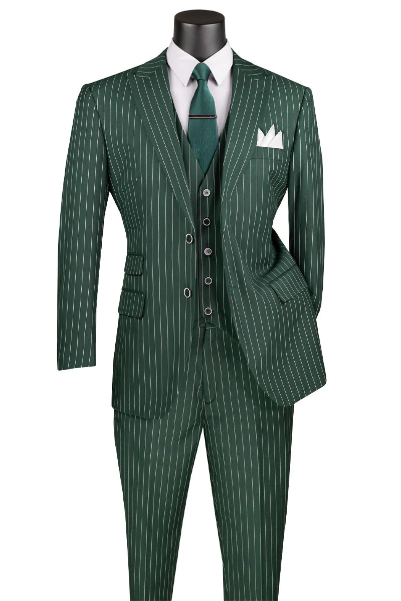 Men's Vested Bold Gangster Pinstripe Suit in Hunter Green - Image 2
