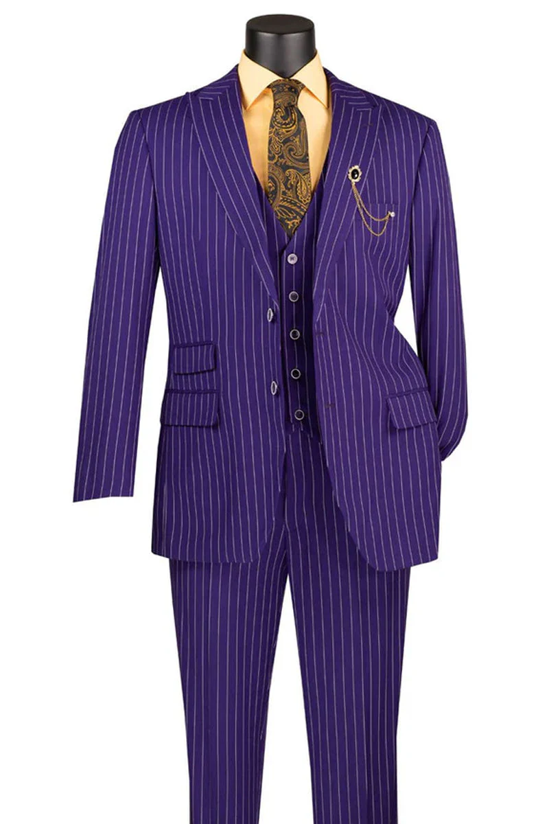 Men's Vested Bold Gangster Pinstripe Suit in Purple - Image 2