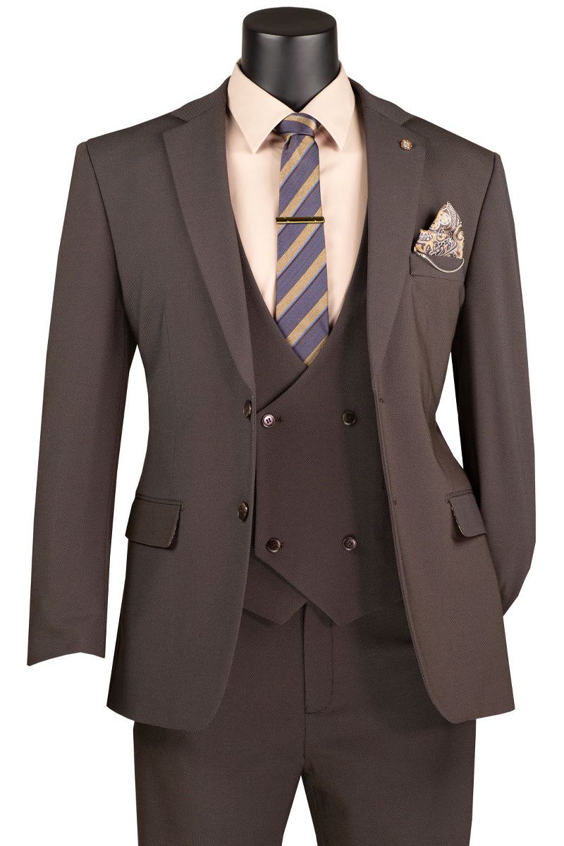 Men's Vested Modern Fit Textured Birdseye Suit in Brown