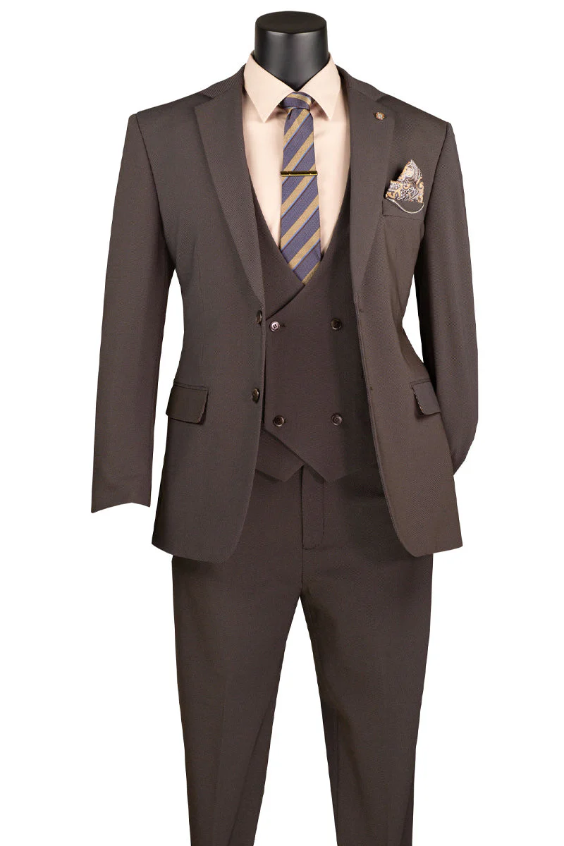 Men's Vested Modern Fit Textured Birdseye Suit in Brown - Image 2