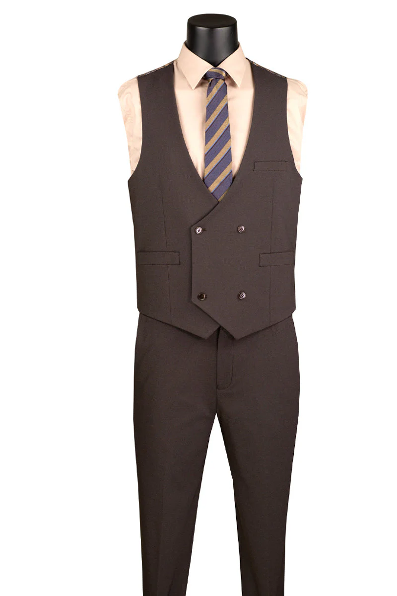 Men's Vested Modern Fit Textured Birdseye Suit in Brown - Image 3