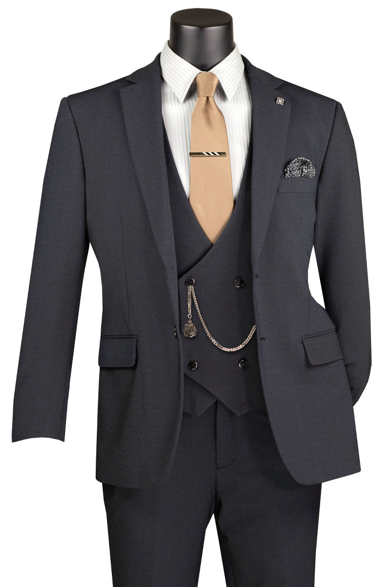 Men's Vested Modern Fit Textured Birdseye Suit in Charcoal Black