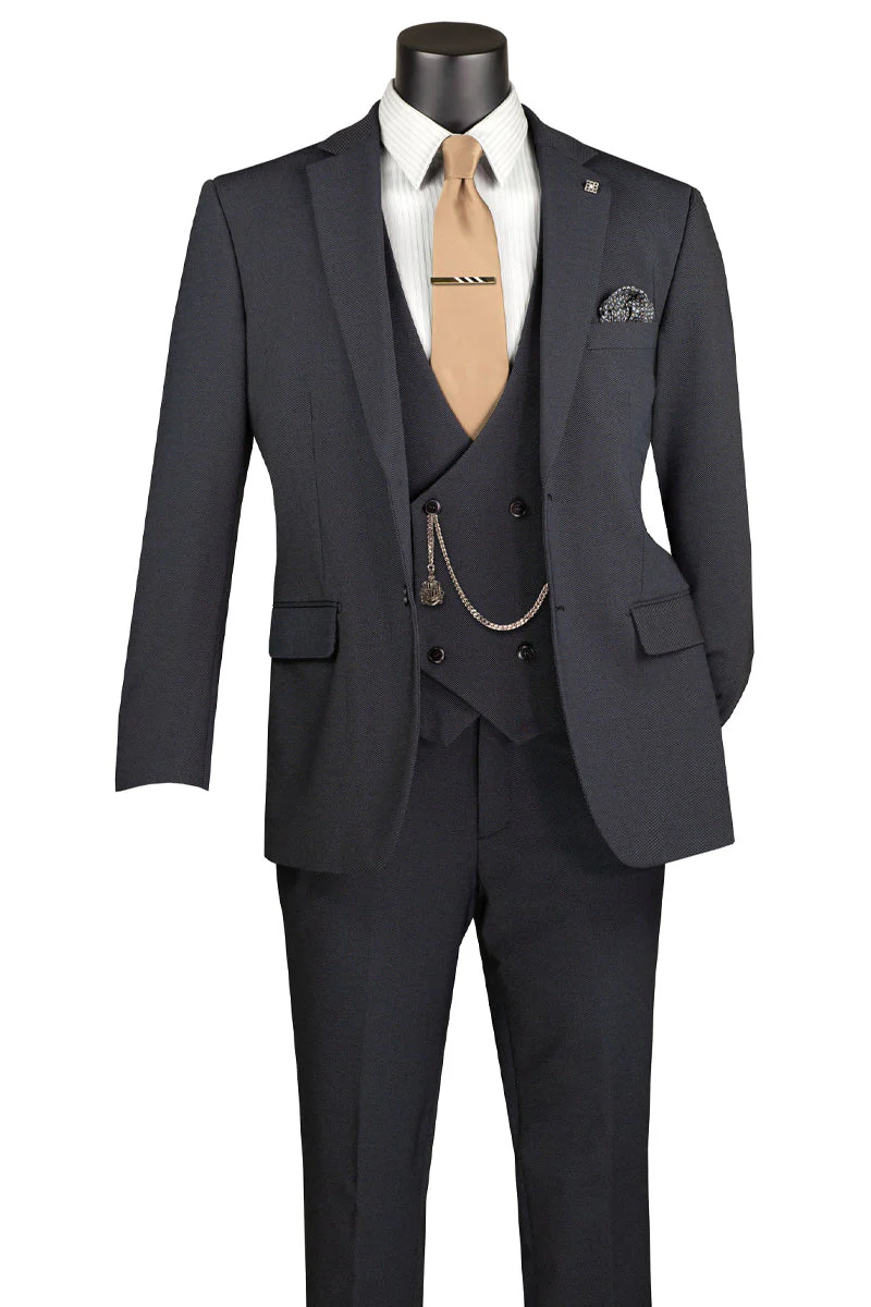 Men's Vested Modern Fit Textured Birdseye Suit in Charcoal Black - Image 2