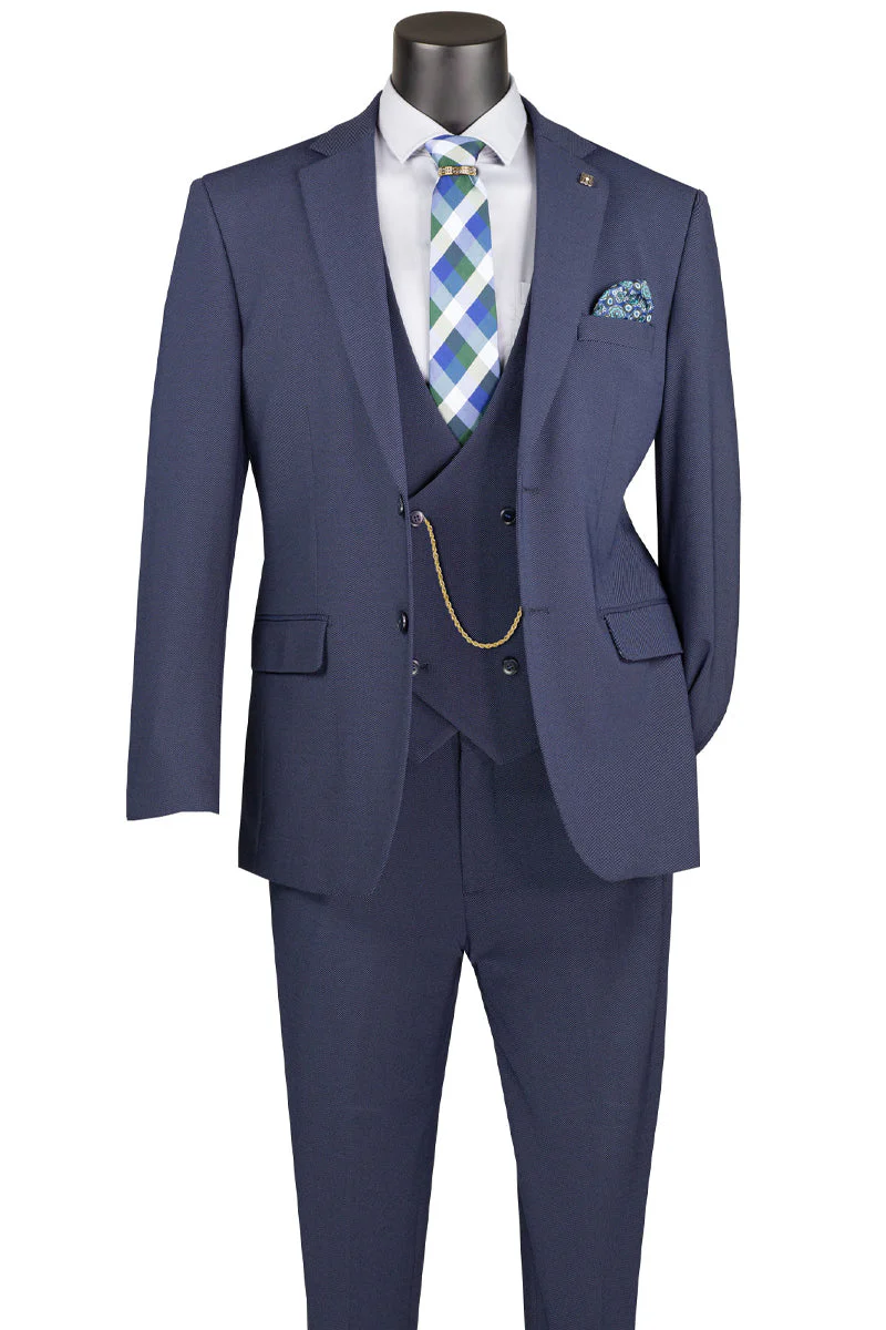 Men's Vested Modern Fit Textured Birdseye Suit in Navy Blue - Image 2