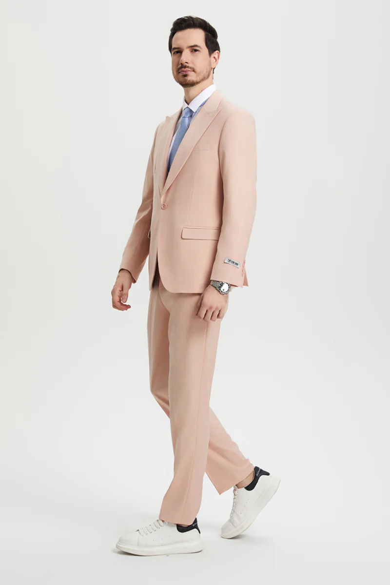Men's Vested One Button Peak Lapel Stacy Adams Designer Suit in Blush Pink - Image 5