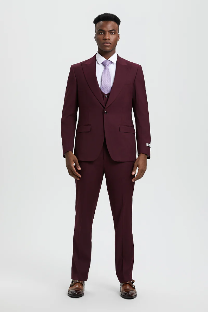 Men's Vested One Button Peak Lapel Stacy Adams Designer Suit in Burgundy - Image 2