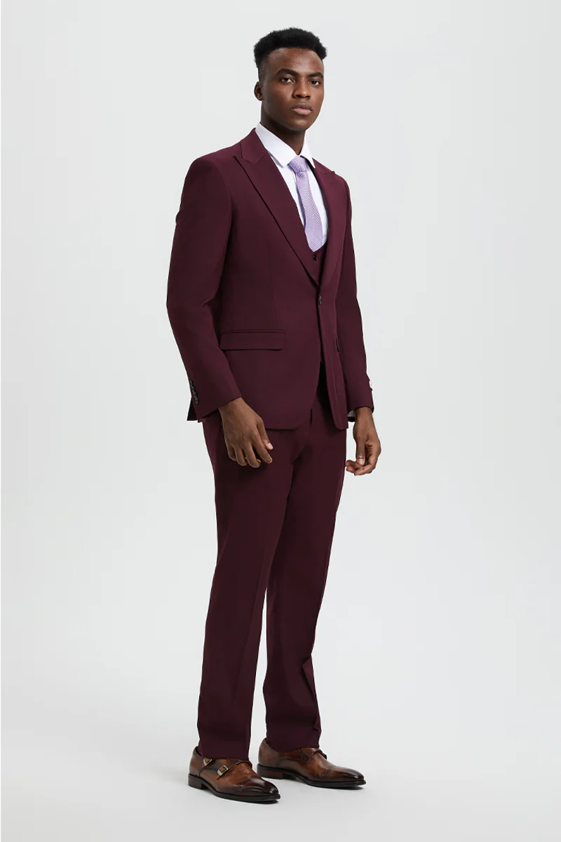 Men's Vested One Button Peak Lapel Stacy Adams Designer Suit in Burgundy - Image 3