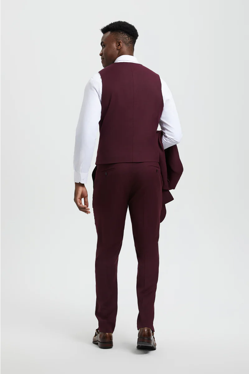 Men's Vested One Button Peak Lapel Stacy Adams Designer Suit in Burgundy - Image 4