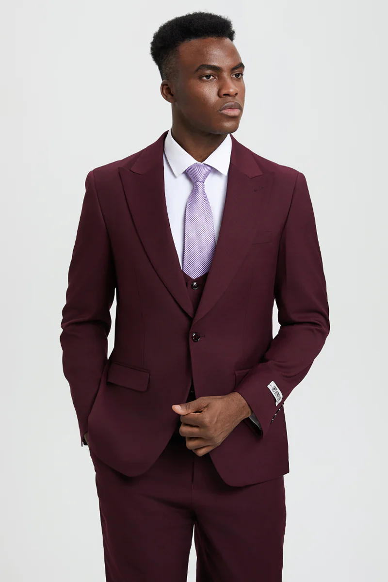 Men's Vested One Button Peak Lapel Stacy Adams Designer Suit in Burgundy - Image 5