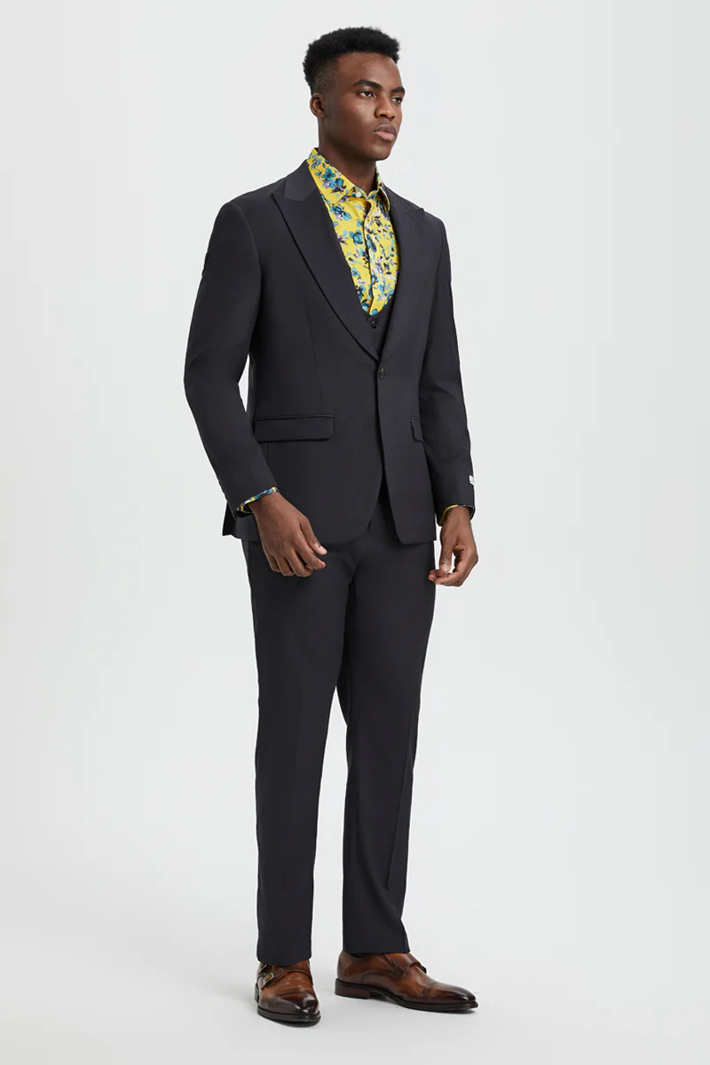 Men's Vested One Button Peak Lapel Stacy Adams Designer Suit in Charcoal - Image 4