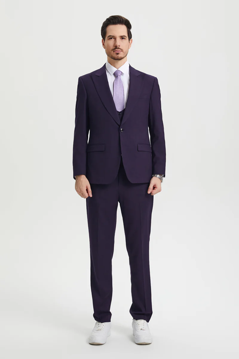 Men's Vested One Button Peak Lapel Stacy Adams Designer Suit in Eggplant - Image 2