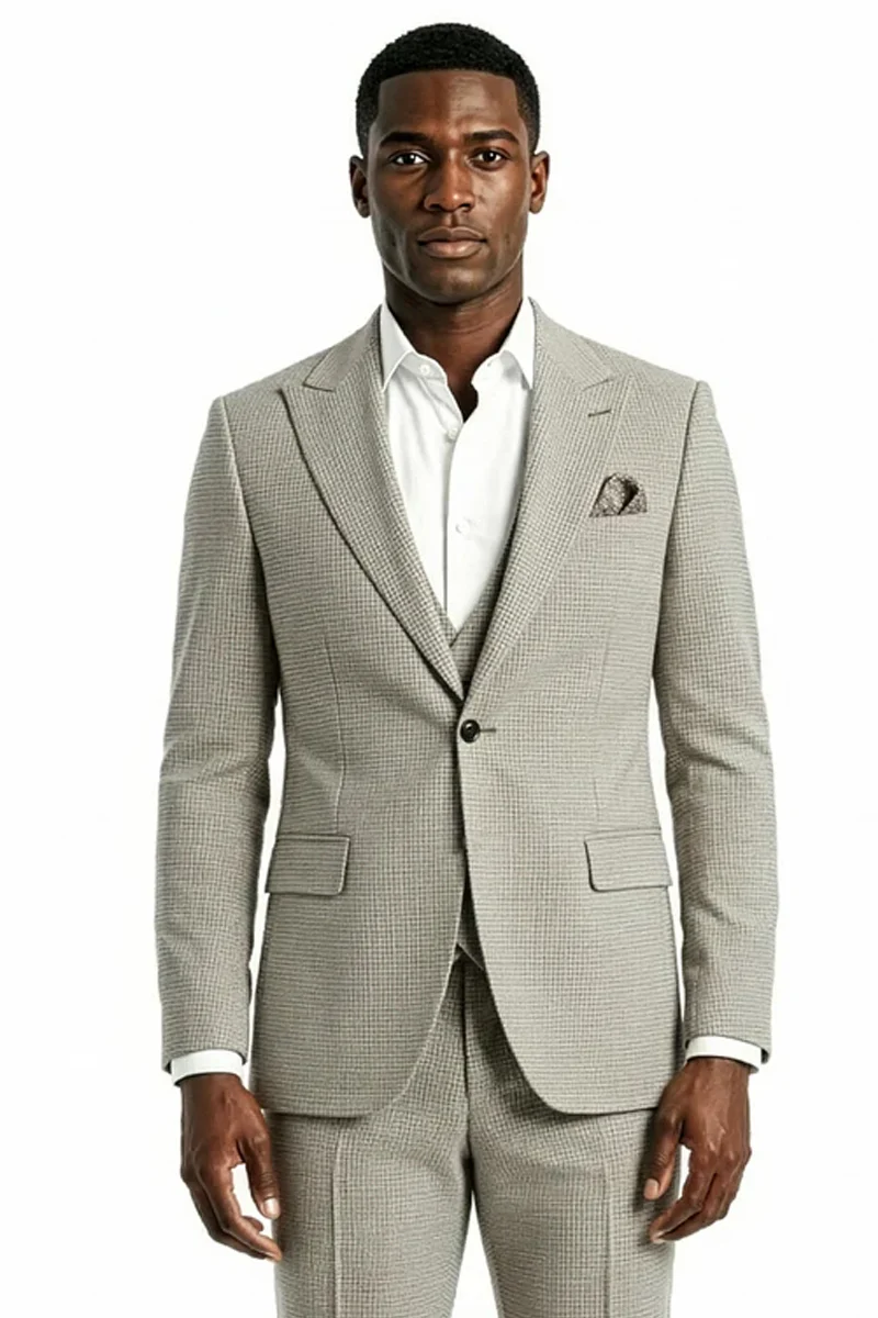 Men's Vested One Button Peak Lapel Stacy Adams Designer Suit in Light Beige Birdseye