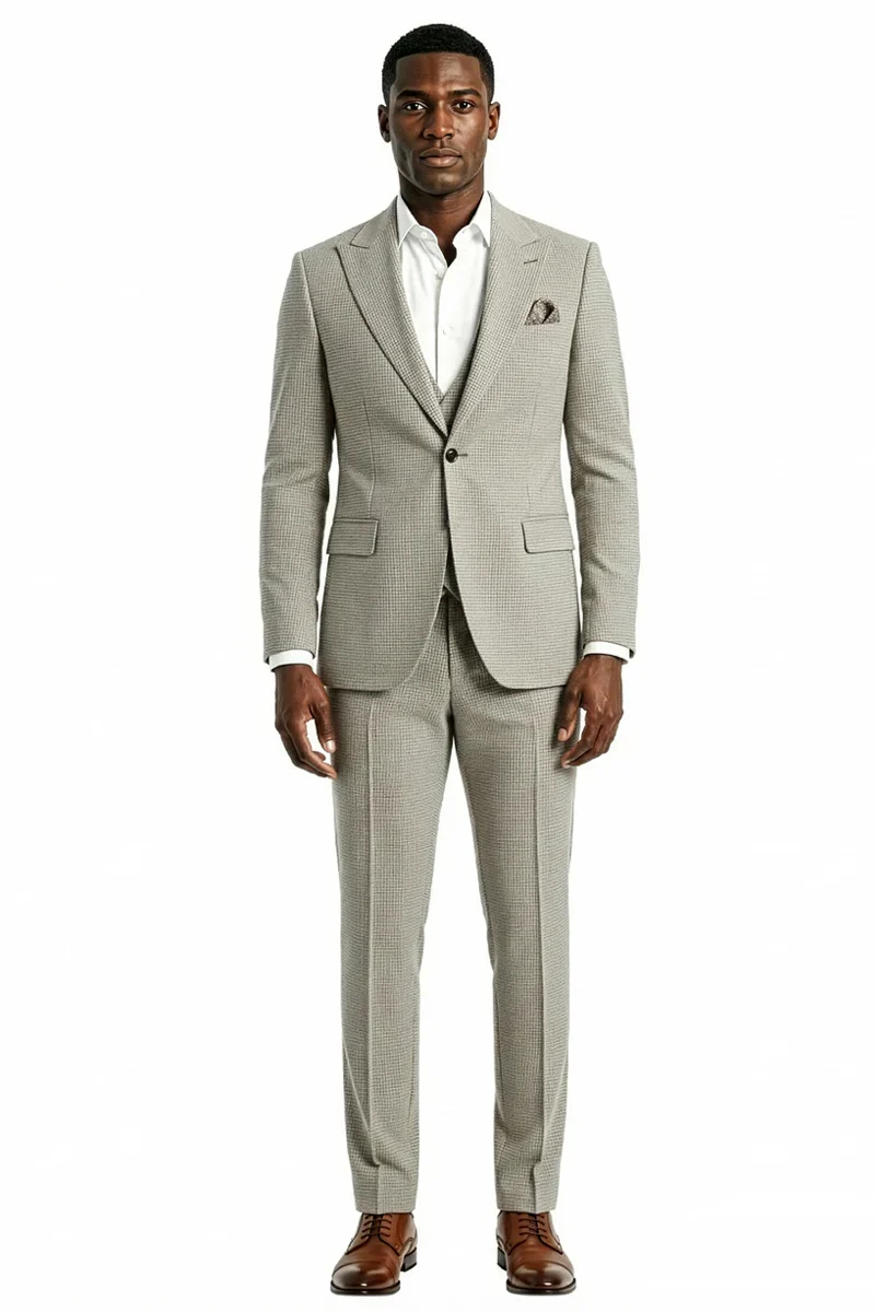 Men's Vested One Button Peak Lapel Stacy Adams Designer Suit in Light Beige Birdseye - Image 2