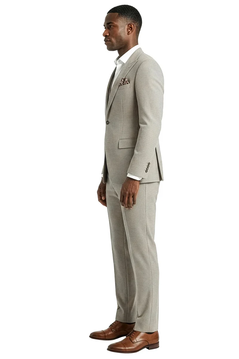 Men's Vested One Button Peak Lapel Stacy Adams Designer Suit in Light Beige Birdseye - Image 3