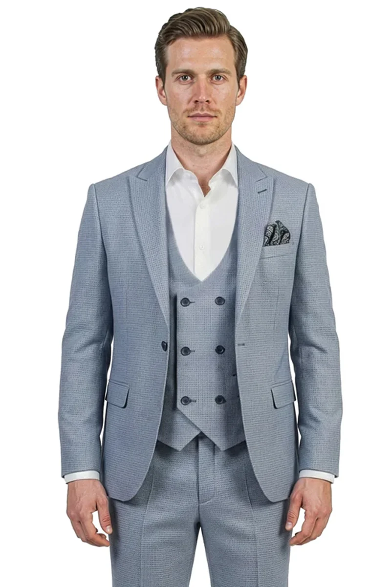 Men's Vested One Button Peak Lapel Stacy Adams Designer Suit in Light Blue Birdseye