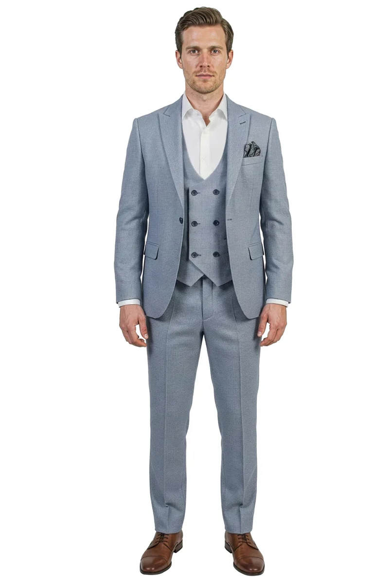 Men's Vested One Button Peak Lapel Stacy Adams Designer Suit in Light Blue Birdseye - Image 3
