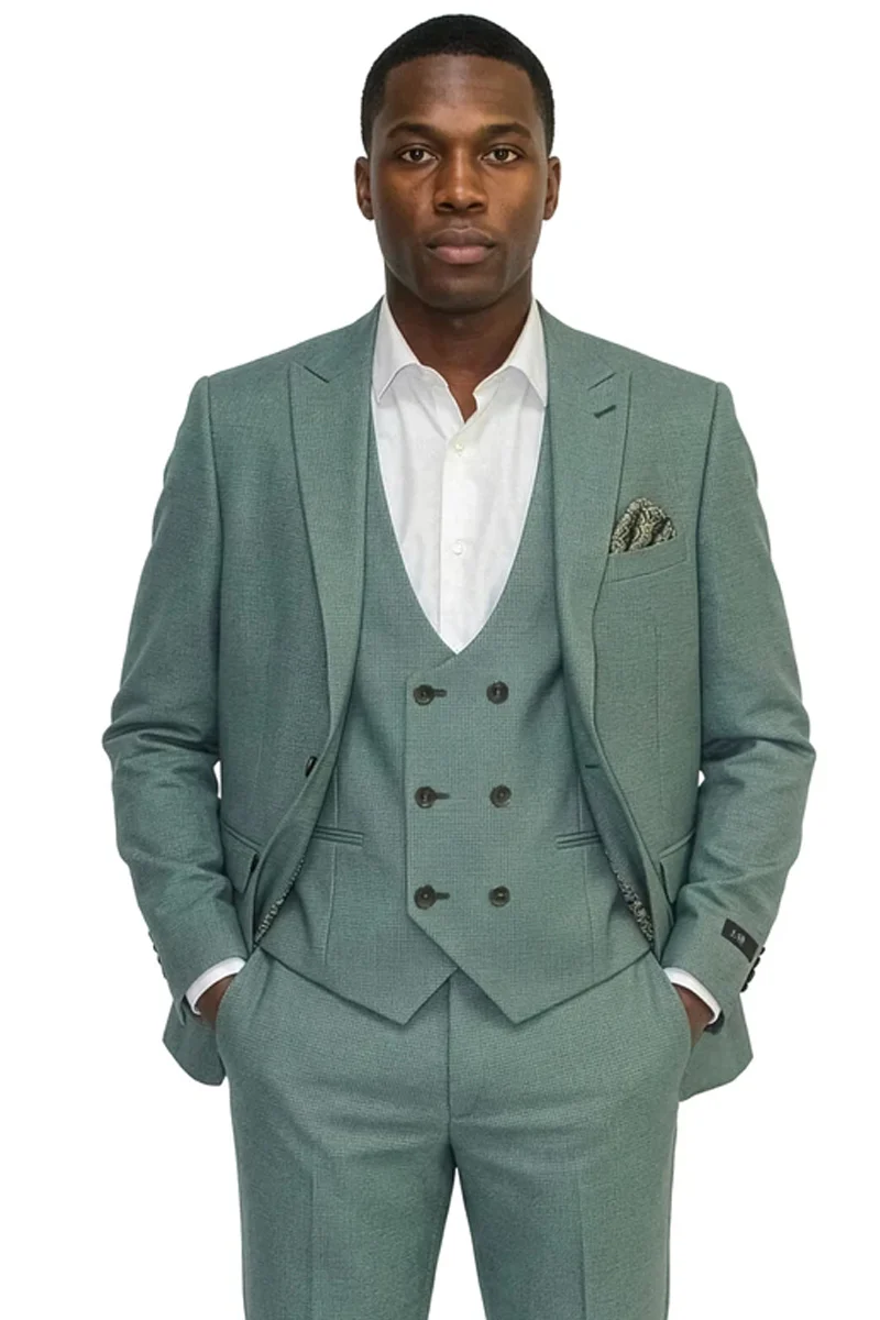 Men's Vested One Button Peak Lapel Stacy Adams Designer Suit in Light Green Birdseye