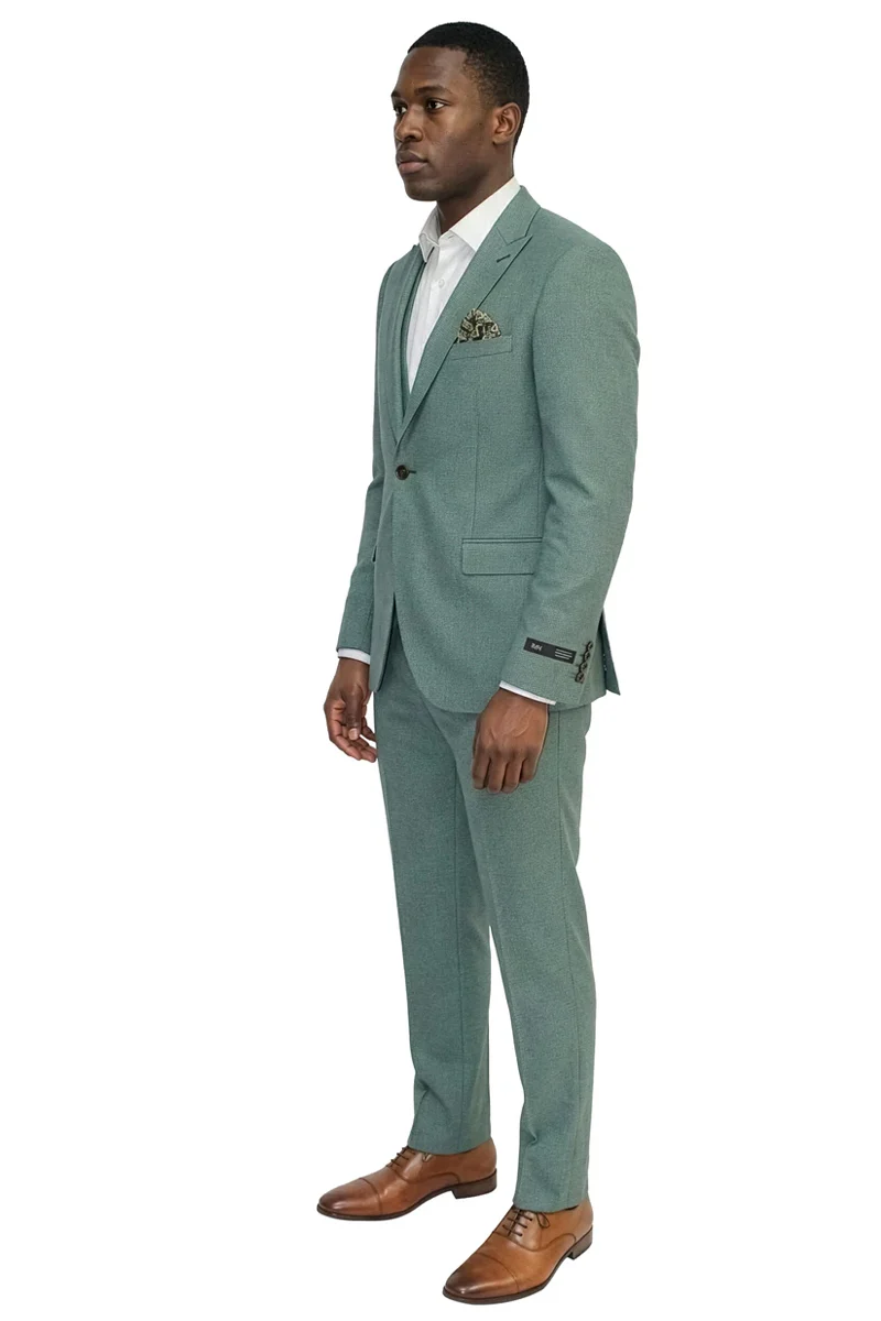 Men's Vested One Button Peak Lapel Stacy Adams Designer Suit in Light Green Birdseye - Image 2