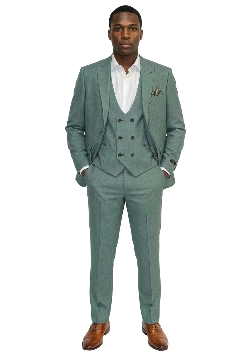 Men's Vested One Button Peak Lapel Stacy Adams Designer Suit in Light Green Birdseye - Image 3