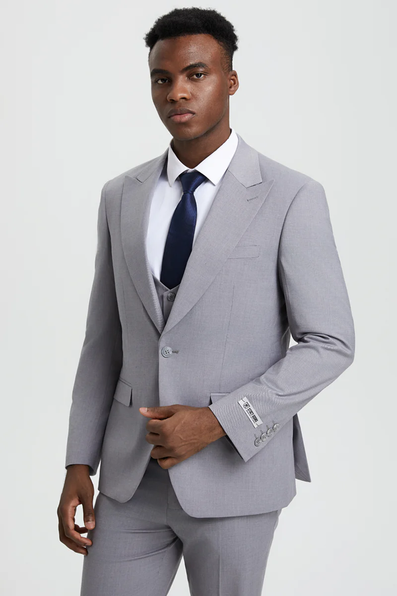 Men's Vested One Button Peak Lapel Stacy Adams Designer Suit in Light Grey