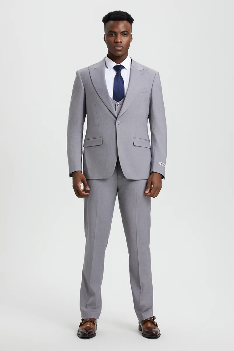 Men's Vested One Button Peak Lapel Stacy Adams Designer Suit in Light Grey - Image 2