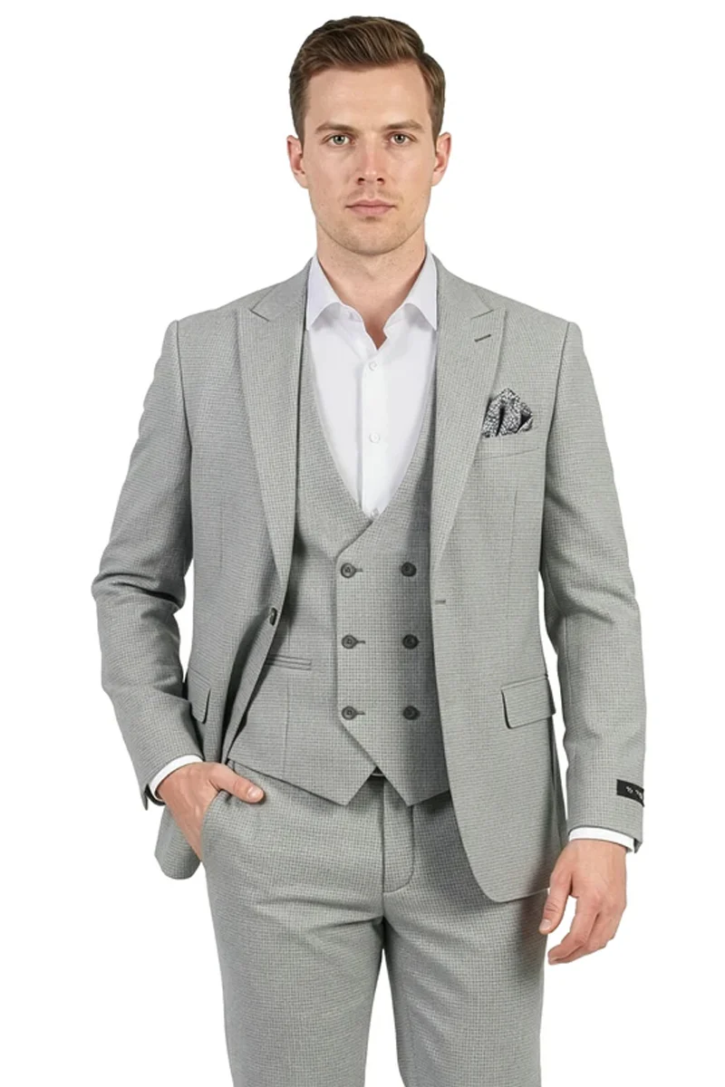 Men's Vested One Button Peak Lapel Stacy Adams Designer Suit in Light Grey Birdseye