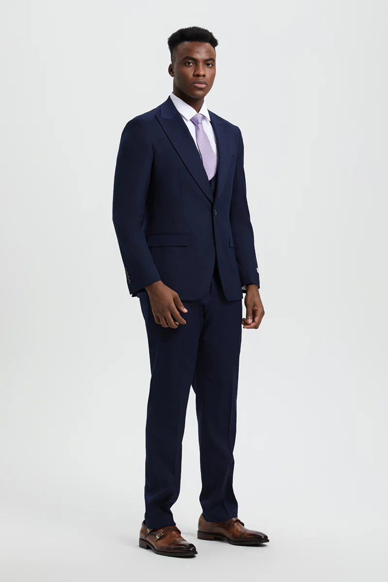 Men's Vested One Button Peak Lapel Stacy Adams Designer Suit in Navy Blue - Image 3