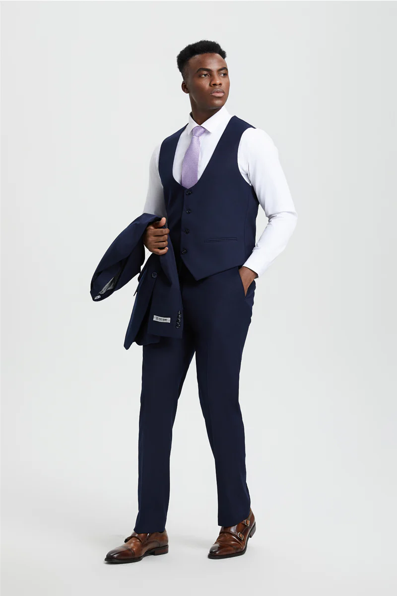 Men's Vested One Button Peak Lapel Stacy Adams Designer Suit in Navy Blue - Image 4