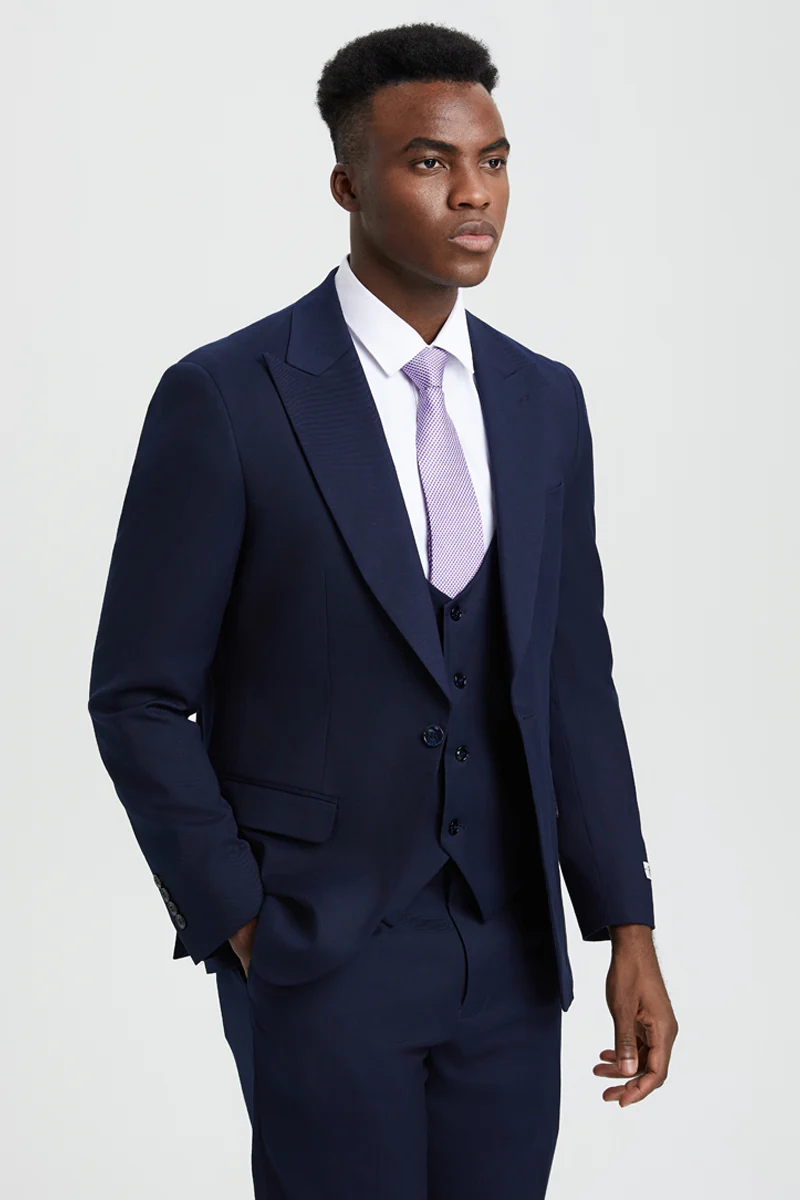 Men's Vested One Button Peak Lapel Stacy Adams Designer Suit in Navy Blue - Image 5