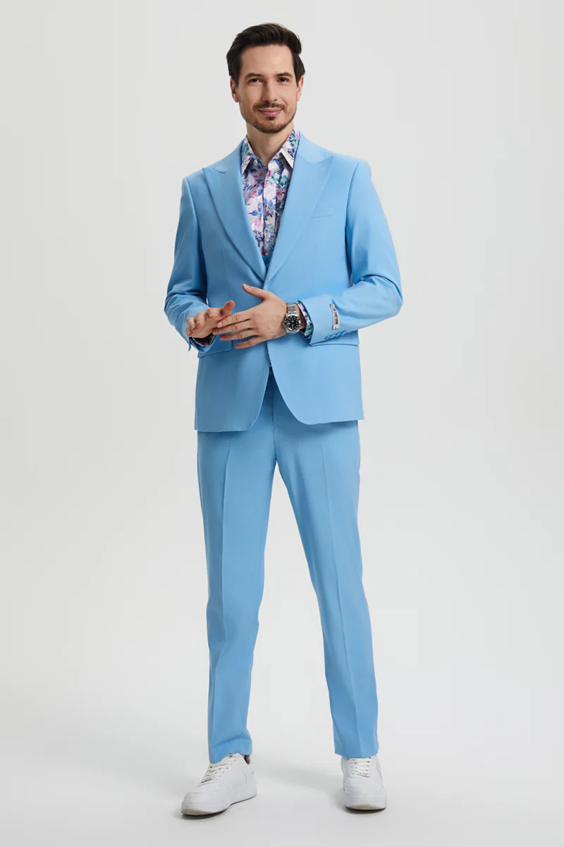 Men's Vested One Button Peak Lapel Stacy Adams Designer Suit in Sky Blue - Image 2