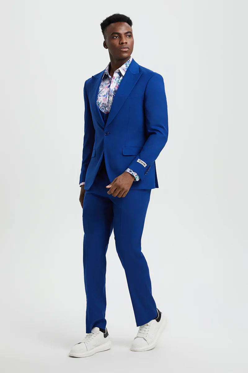 Men's Vested One Button Peak Lapel Stacy Adams Suit in Indigo Blue - Image 3