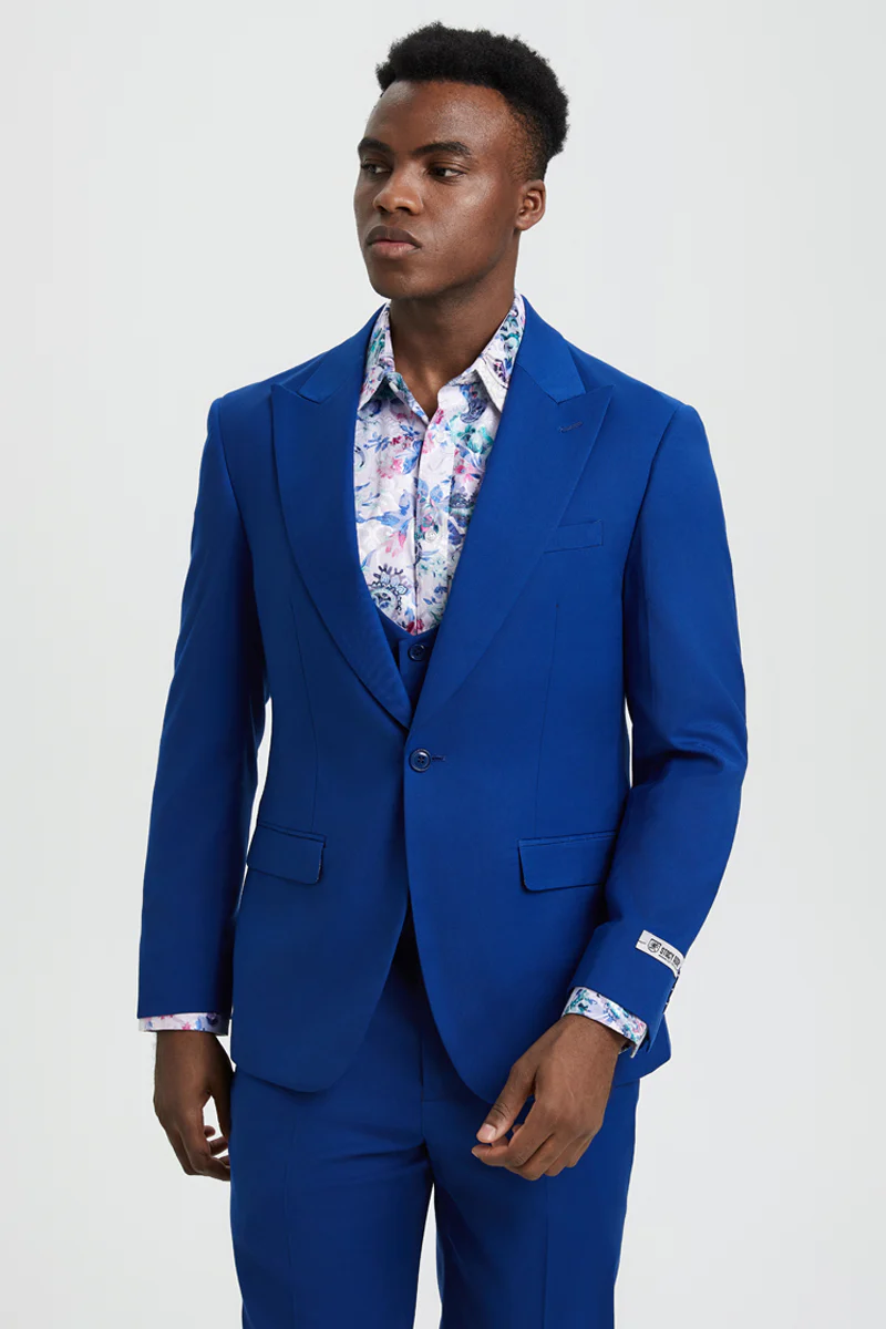 Men's Vested One Button Peak Lapel Stacy Adams Suit in Indigo Blue - Image 5