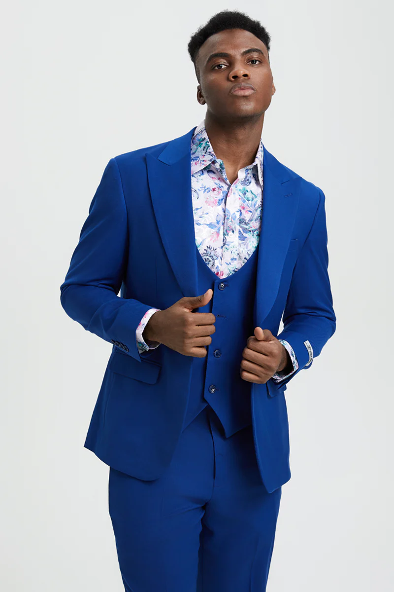 Men's Vested One Button Peak Lapel Stacy Adams Suit in Indigo Blue - Image 6