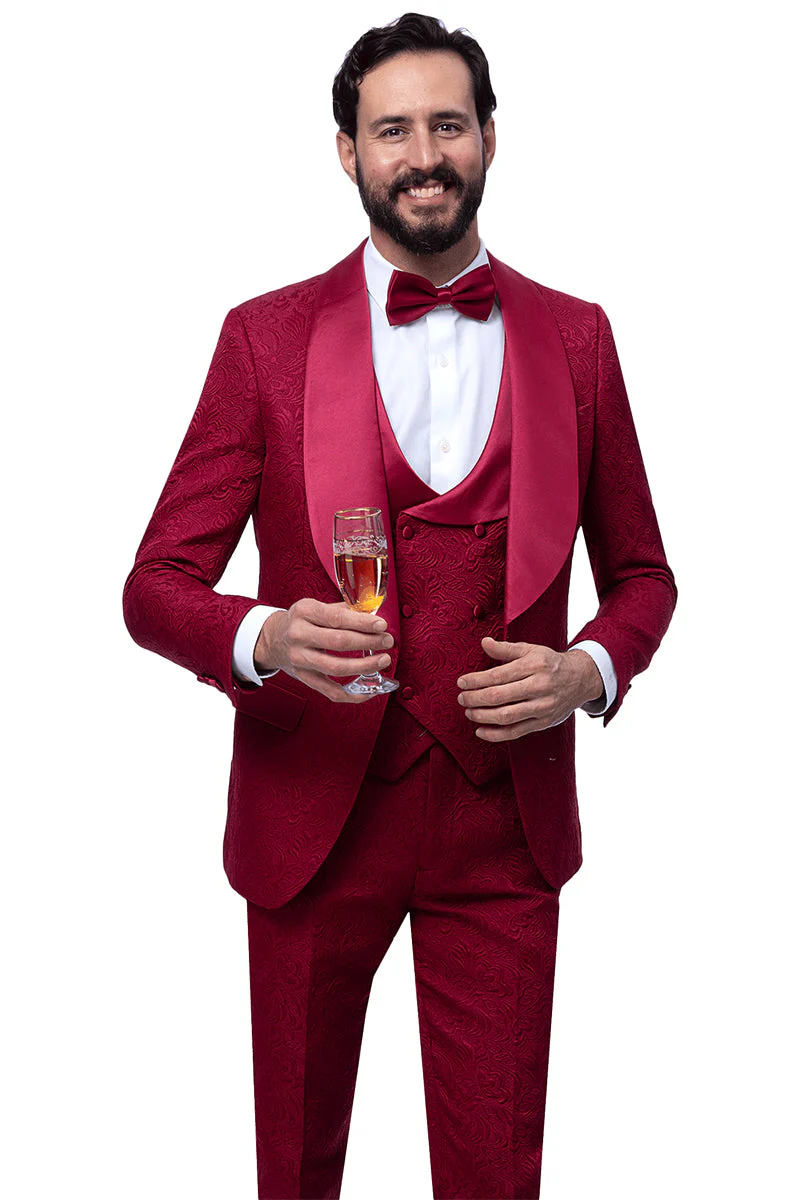 Men's Vested Shawl Lapel Wedding & Prom Tuxedo in Burgundy Wine Paisley - Image 2