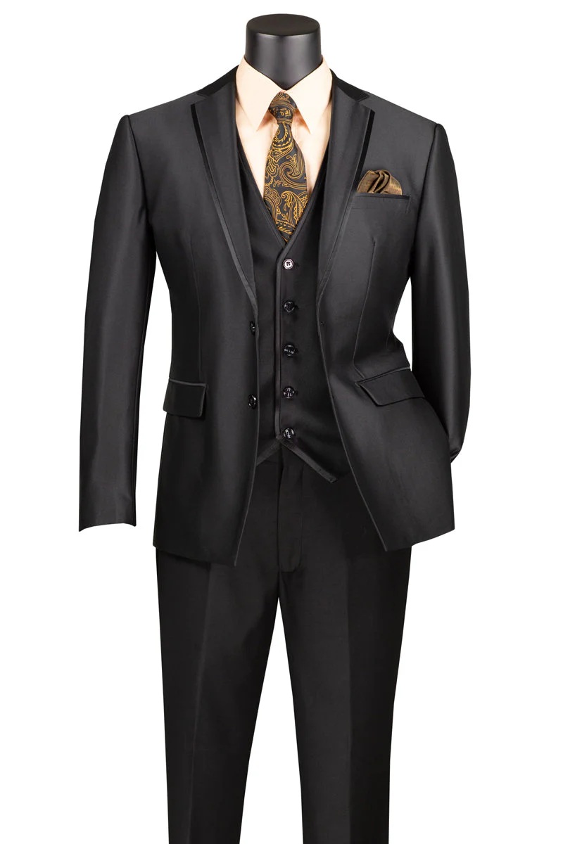 Men's Vested Slim Fit Shiny Sharkskin Wedding & Prom Tuxedo Suit in Black - Image 2