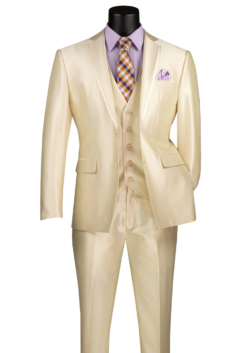 Men's Vested Slim Fit Shiny Sharkskin Wedding & Prom Tuxedo Suit in Champagne Beige - Image 2