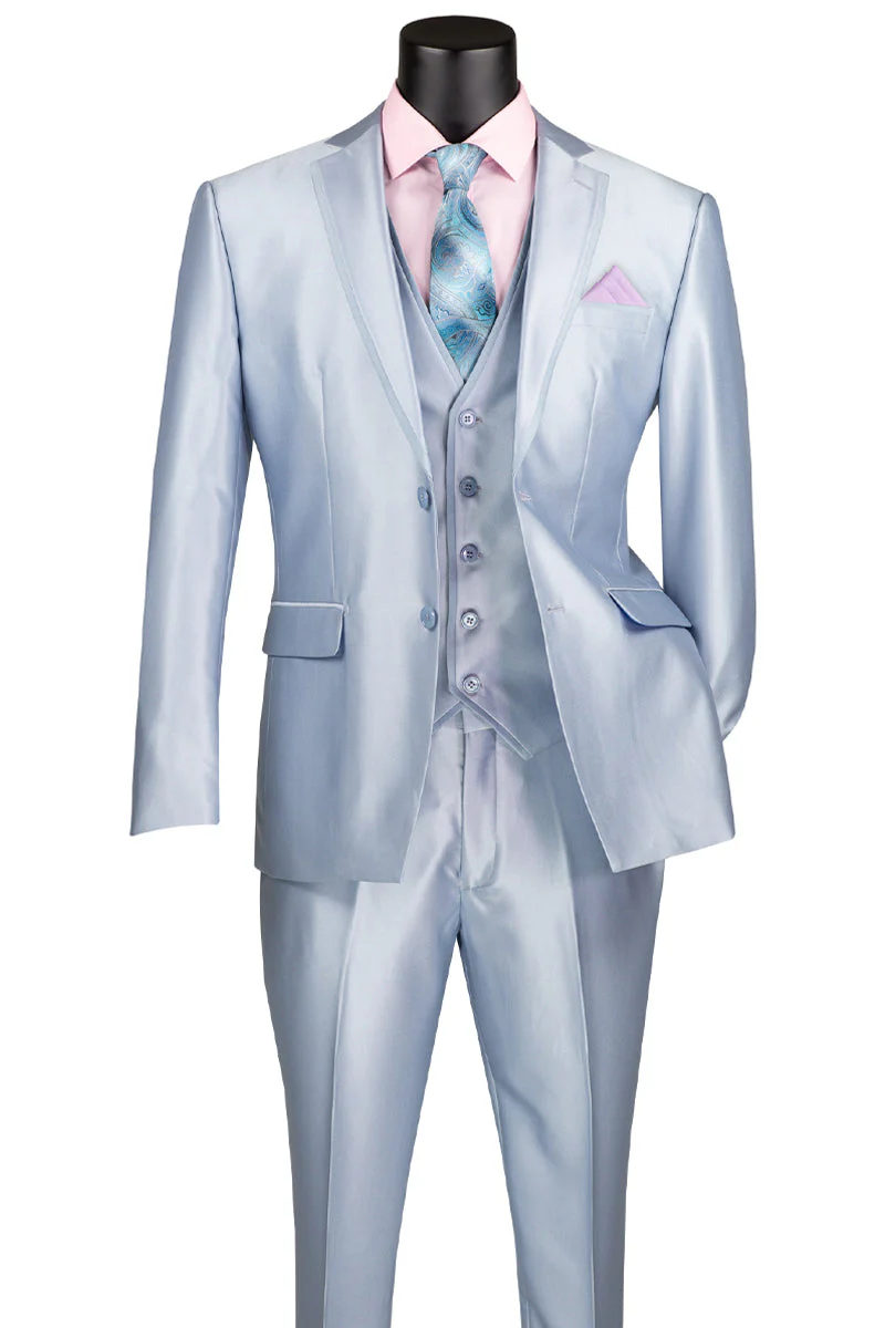 Men's Vested Slim Fit Shiny Sharkskin Wedding & Prom Tuxedo Suit in Light Blue - Image 2