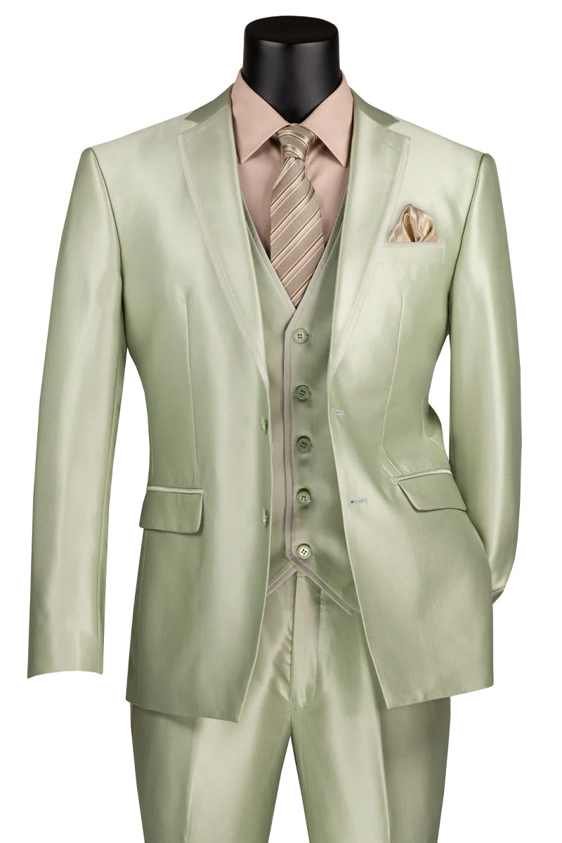 Men's Vested Slim Fit Shiny Sharkskin Wedding & Prom Tuxedo Suit in Light Sage Green