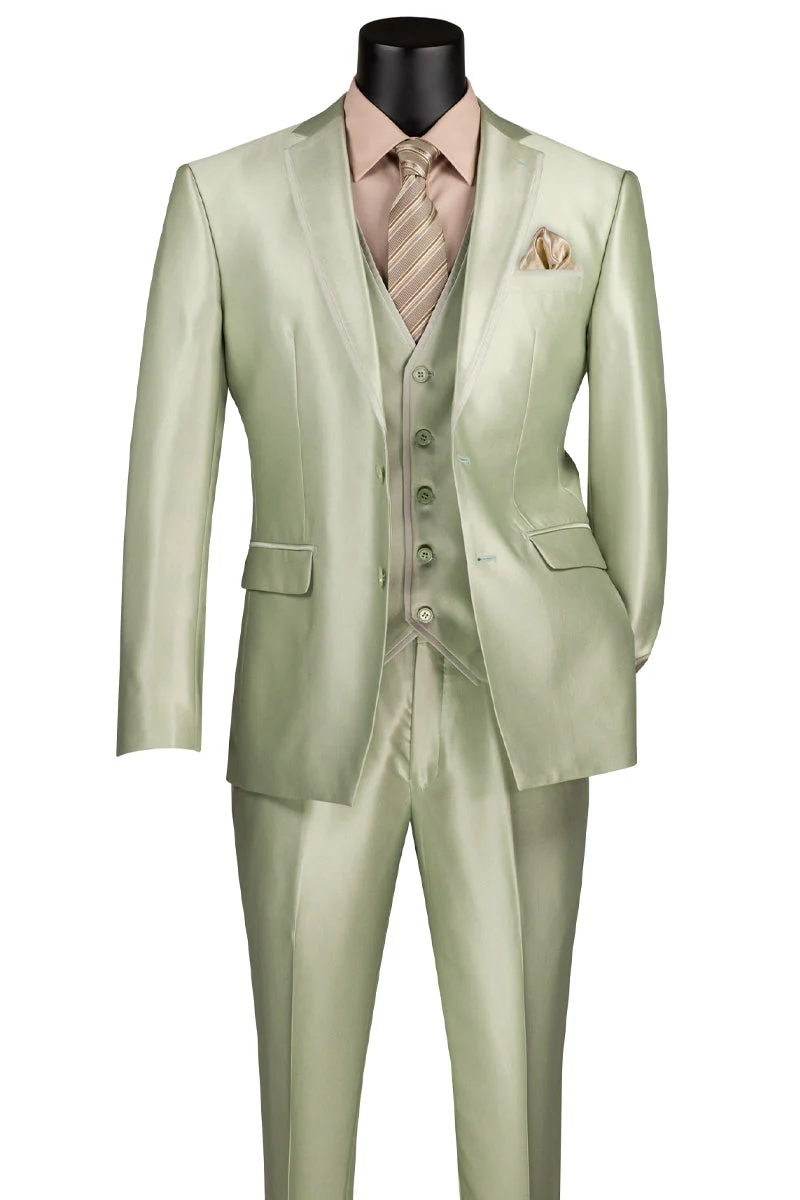 Men's Vested Slim Fit Shiny Sharkskin Wedding & Prom Tuxedo Suit in Light Sage Green - Image 2